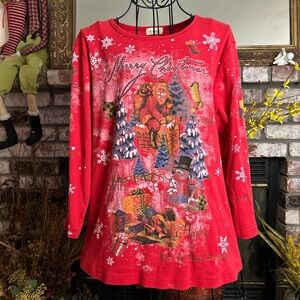 Vintage Cactus Women’s Red Christmas Top With Santa And Snowflake Sz M